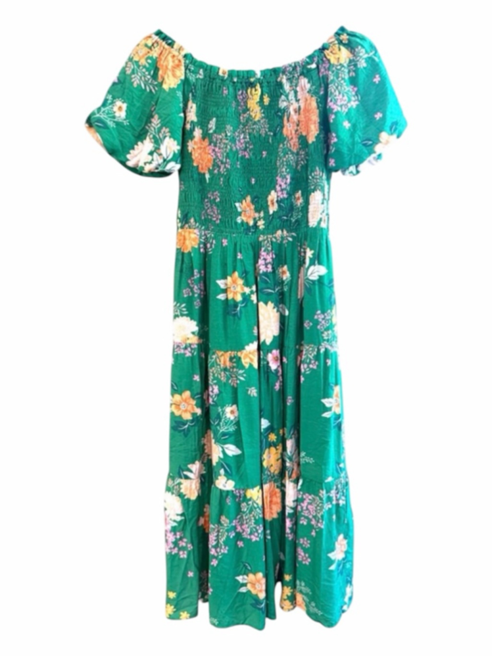 Skies Are Blue Floral Print Smocked Tiered Midi Dress in Green Size S